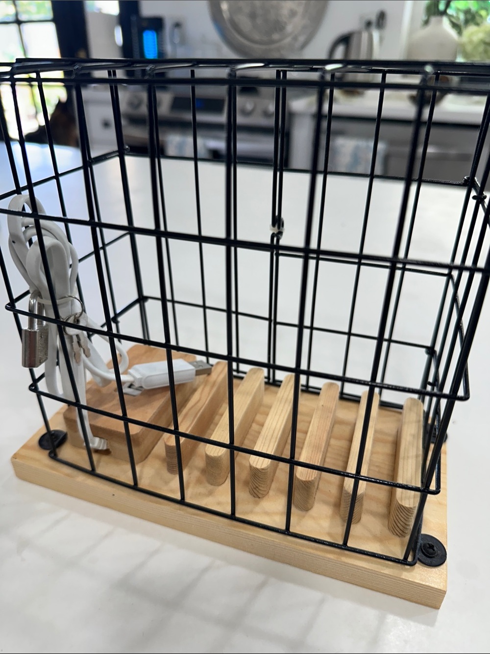 Phone 📱 jailbreak Black Wire Countertop Organizer with Natural Wood Base